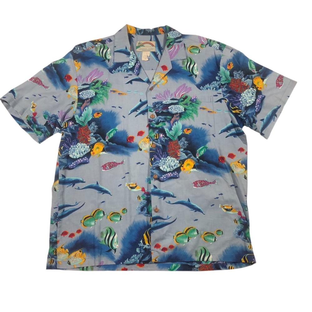 Vtg Paradise Found Hawaiian Cotton Button Down Shirt Ocean Fish Dolphins Large